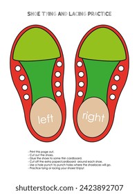 Shoe tying and lacing practice template for kids. Fine motor skills activity. Educational game for school and homeschool children