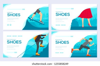 Shoe varieties brochure card set. wear classic, retro, trend, sport style template of flyear, web banner, ui header, enter site. Layout invintation modern 