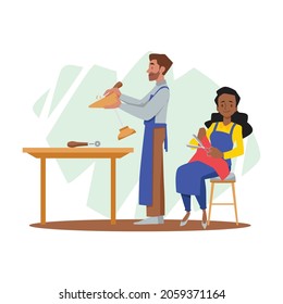 Shoe work shop cartoon vector concept. Handmade leather shoes are made by cobbler man and woman, at small footwear manufacturing. Smilling woman sit on the chair cutting leather sheet with scissors.