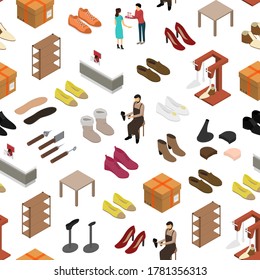 Shoe Work Shop Concept Seamless Pattern Background on a White 3d Isometric View Include of Man, Equipment, Footwear and Customer. Vector illustration