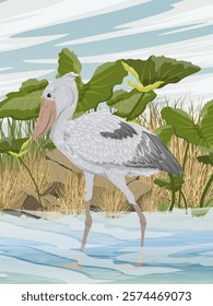 Shoebill bird walking on water. Wildlife of Africa. Realistic vector vertical landscape