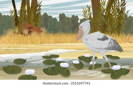 Shoebill geht auf dem Wasser des Sees entlang der Küste. Seerosen. Die Wildtiere Afrikas. Realistische Vektorlandschaft