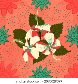 Shoeblackplant florid vector pattern artwork with exotic varicolored style. Useful for surface printing, sheet, clothing, upholstery, drapery, interior decor.