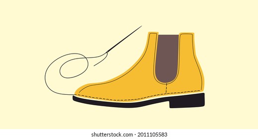 Shoe,boot,footwear sewing and repair. Tailored handmade bespoke shoe, footwear. Bootmaker, shoemaker, cobbler tools.Сustom shoe atelier, workshop.DIY shoemaking.Color isolated flat vector illustration