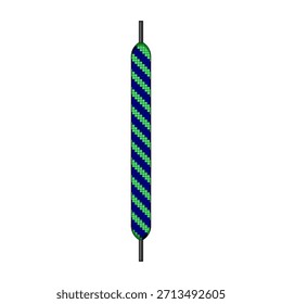 Schnürsenkel mit einem deutlich erkennbaren Muster aus grünen und blauen diagonalen Streifen, die an beiden Enden Falten aufweisen, einzeln als grafisches Element auf weißem Hintergrund