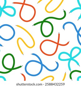 Shoelace seamless pattern. Flat simple shoelaces, ropes with bow. Abstract colorful print for fabric wrapping website backdrop. Nowaday vector background