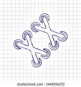 Shoelace of sneaker, simple icon. Hand drawn picture on paper sheet. Blue ink, outline sketch style. Doodle on checkered background