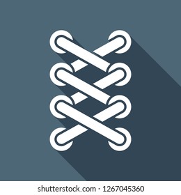 Shoelace of sneaker, simple icon. White flat icon with long shadow on blue background