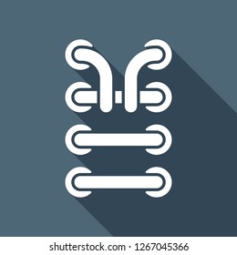 Shoelace of sneaker, simple icon. White flat icon with long shadow on blue background
