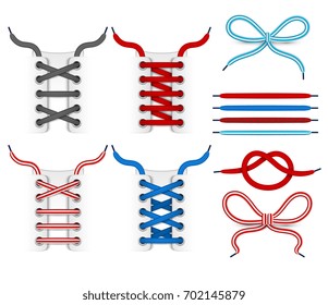 Shoelace tying vector icons. Color shoelace for footwear, colored lace shoe illustration svg
