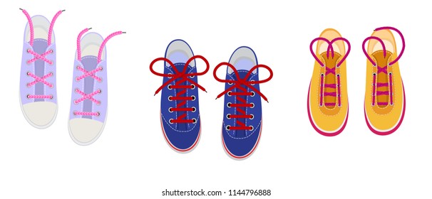 Shoelaces on snickers vector shoestring or shoe-laces and fashion accessory for footwear or footgear illustration set of shoes strings knot or ropeisolated on white background