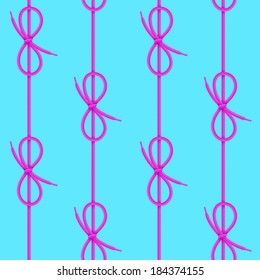 Shoelaces seamless pattern. Purple laces with bow knots on blue background. Vector illustration