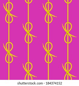 Shoelaces seamless pattern. Yellow laces with bow knots on purple background. Vector illustration