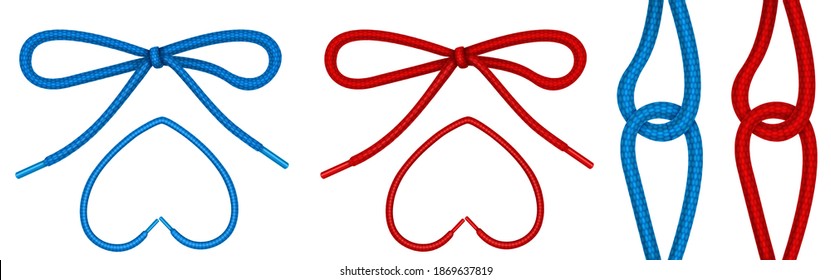 Shoelaces tied in knot and bow, shoe ropes in heart shape and hinge. Vector realistic set of footwear or clothing laces, red and blue boot cords isolated on white background