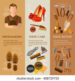 Shoemaker banners professional equipment cobbler shoe repair shoe care shoemaker in the workplace vector illustration 