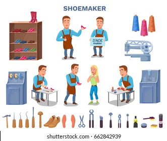 Shoemaker cartoon character with cobbler tools set colorful vect