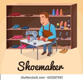 Shoemaker cartoon character sewing shoes with cobbler tools colorful vector illustration including carpenter repair instruments, boots, sewing machine, glue, threads, brushes