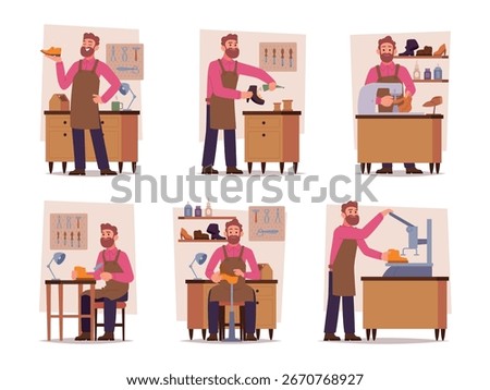 Shoemaker. Characters working in shoes workshop exact vector conceptual illustrations set