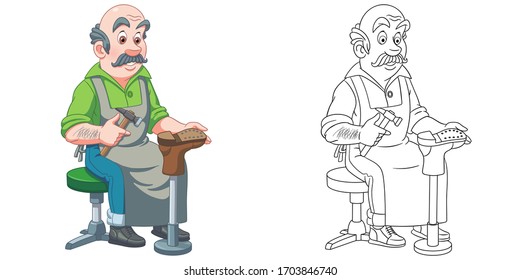 Shoemaker or cobbler. Coloring page and colorful clipart character. Cartoon design for t shirt print, icon, logo, label, patch or sticker. Vector illustration.