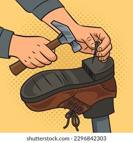 shoemaker cobbler hands at work pinup pop art retro vector illustration. Comic book style imitation.