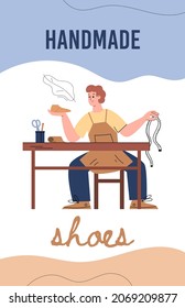 Shoemaker or cobbler makes handmade shoes, flat poster - vector illustration. Footwear manufacturing with man in apron using soft measuring tape and last.