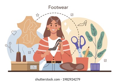 Shoemaker concept. Craftsman wearing an apron mending shoe. Handmade shoes manufactoring, cobbler profession. Isolated vector illustration