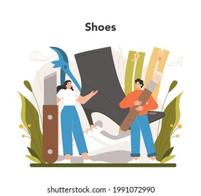 Shoemaker concept. Craftsman wearing an apron mending shoe. Handmade shoes manufacturing, cobbler profession. Isolated vector illustration