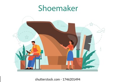 Shoemaker concept. Male and female character wearing an apron mending shoe. Handmade shoes, retro manufacturing. Isolated vector illustration