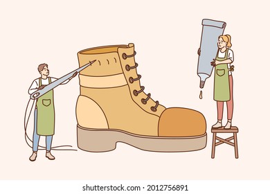 Shoemaker and designing footwear concept. Male and female characters standing mending shoe for handmade shoes, retro manufacturing for customers vector illustration