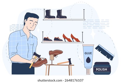 Um sapateiro está consertando um sapato marrom usando um martelo, cercado por ferramentas como cola, polimento e escova, com sapatos exibidos nas prateleiras. Ilustração vetorial