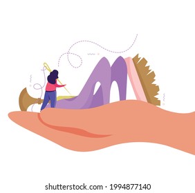 Shoemaker flat composition with human hand and female character repairing high heeled shoes with needle vector illustration