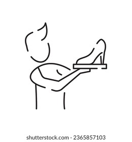 Shoemaker line icon. Shoes on heels measurement of length, dimensions and size chart for client in shops or stores. Minimalist vector in flat style