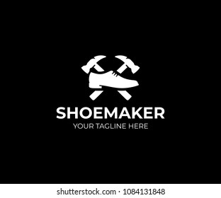 Shoemaker logo template. Shoe repair vector design. Male shoe and hammer logotype