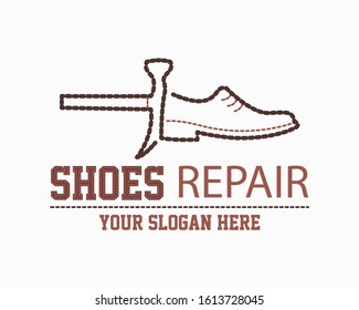 Shoemaker logo template. Shoe repair vector design. Сoncept for workshop repair or restoration of leather goods. Design for print, emblem, t-shirt, sticker, logotype.