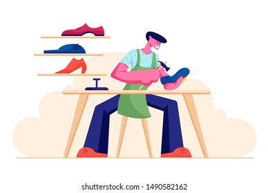 Shoemaker Male Character Wearing Apron Sitting at Workplace Desk Mending Shoe in Workshop with Footwear Stand on Shelves. Man Hammering Boot, Footgear Repair Service. Cartoon Flat Vector Illustration