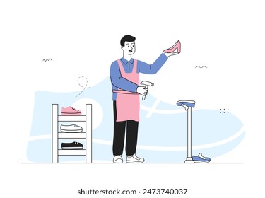 Shoemaker man concept. Bootmaker with shoes in hand. Fashion, trend and style. Elegance and aesthetics. Worker in workshop or studio. Linear flat vector illustration isolated on white background