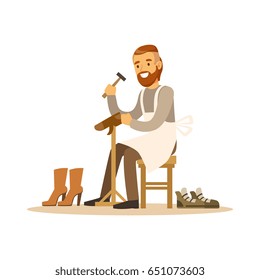 Shoemaker mending a shoe in workshop colorful character vector Illustration