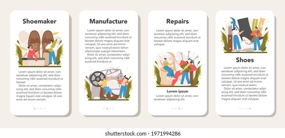 Shoemaker mobile application banner set. Craftsman wearing an apron mending shoe. Handmade shoes manufacturing, cobbler profession. Isolated vector illustration