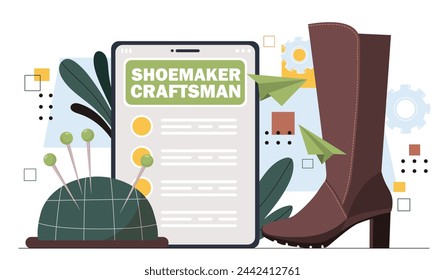 Shoemaker online concept. Female brown boot near needles. Apparel and clothes. Workshop or studio with equipment. Aesthetics and elegance. Cartoon flat vector illustration isolated on white background