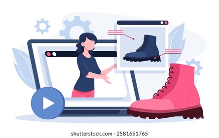 Shoemaker online concept. Woman with shoes on laptop screen. Bootmaker on internet. Handmade and handicraft footwear. Fashion, trend and style. Flat vector illustration