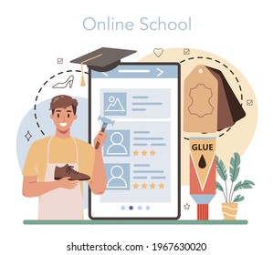 Shoemaker online service or platform. Craftsman wearing an apron
