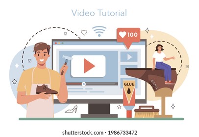 Shoemaker Online-Service oder Plattform. Handwerker mit Rutschschuh. Handgefertigte Schuhfabrik, Schuster Beruf. Video-Tutorial. Vektorgrafik