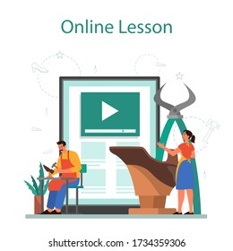 Shoemaker online service or platform. Male and female character wearing an apron mending shoe. Online lesson. Isolated vector illustration