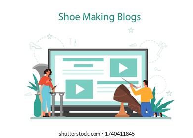 Shoemaker online service or platform. Male and female character wearing an apron mending shoe. Online blog. Isolated vector illustration