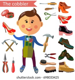 Shoemaker profession flat character and icons with different tools.