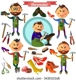 Shoemaker profession flat characters and icons with 
different tools.