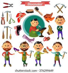 Shoemaker profession flat characters and icons with different tools.