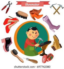 Shoemaker profession flat vector character and icons with different tools.