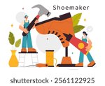 Shoemaker Profession Vector Illustration featuring the Process of Shoe Repair, Footwear Manufacturing, and Design in a Flat Style Cartoon Background