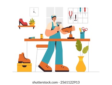 Shoemaker Profession Vector Illustration featuring the Process of Shoe Repair, Footwear Manufacturing, and Design in a Flat Style Cartoon Background